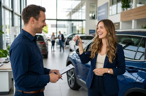 DriveWise lending specialist reviewing a car loan application with a client in a bright modern office